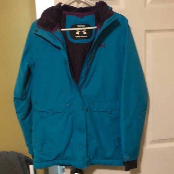 WOMAN’S Vintage Under Armour Rain coat with hood/ Cap size Small, Tourquise&purp - Picture 1 of 13